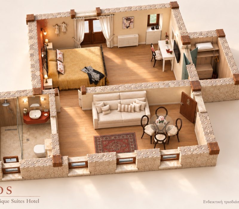 Eros Junior Suite — indicative AI-created 3D illustration of the bedroom, living area and bathroom; not a measured architectural plan. / Έρως — ενδεικτική τρισδιάστατη απεικόνιση.