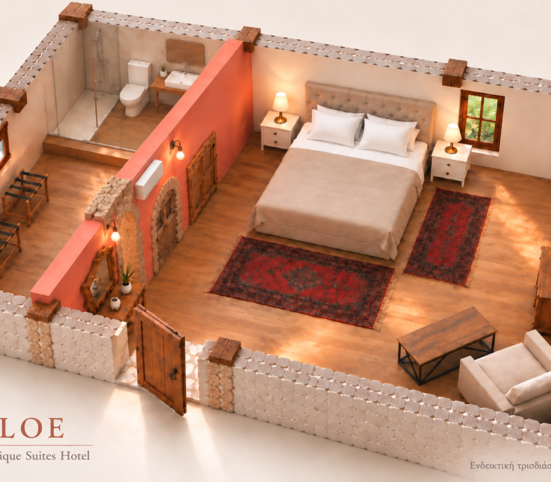 Chloe Medieval Rosa Junior Suite — indicative AI-created 3D illustration; not a measured architectural plan. / Χλόη — ενδεικτική τρισδιάστατη απεικόνιση.