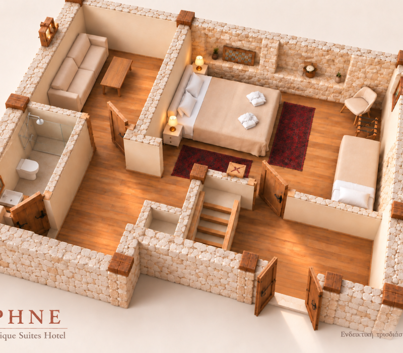Daphne Medieval Rosa Junior Suite — indicative AI-created 3D illustration of the bedroom, living area and bathroom; not a measured architectural plan. / Δάφνη — ενδεικτική τρισδιάστατη απεικόνιση.