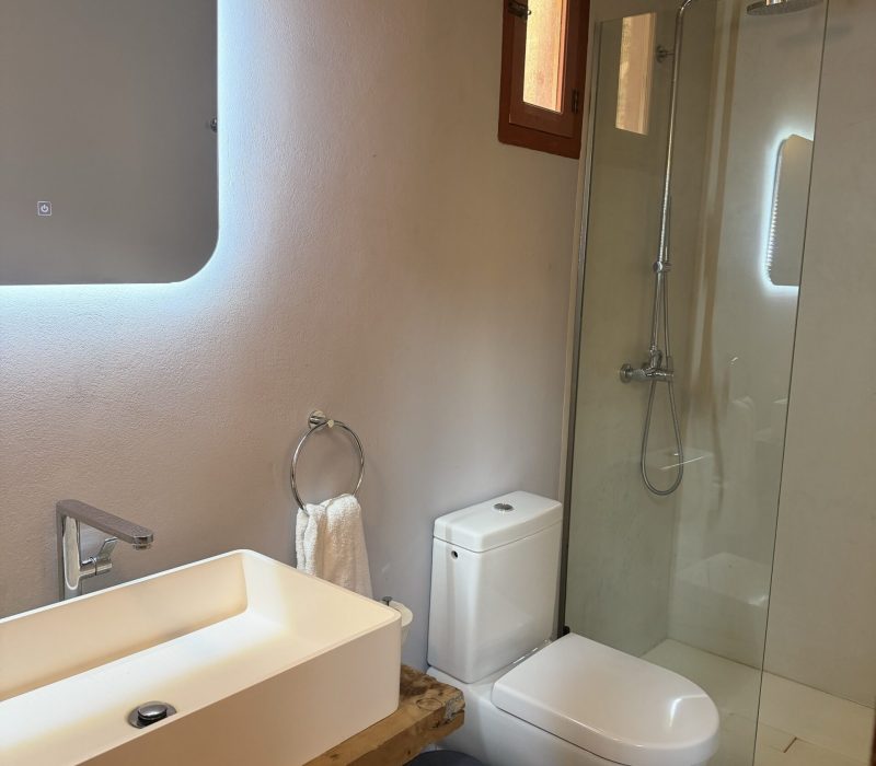 Daphne Junior Suite bathroom with an illuminated mirror and glass shower