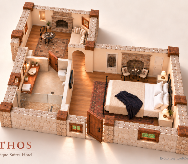 Mythos Junior Suite — indicative AI-created 3D illustration of the bedroom, separate living area and bathroom; not a measured architectural plan. / Μύθος — ενδεικτική τρισδιάστατη απεικόνιση.